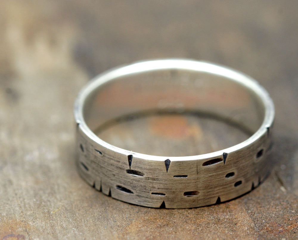 Birch Tree Bark Sterling Silver Band Ring (S0174)