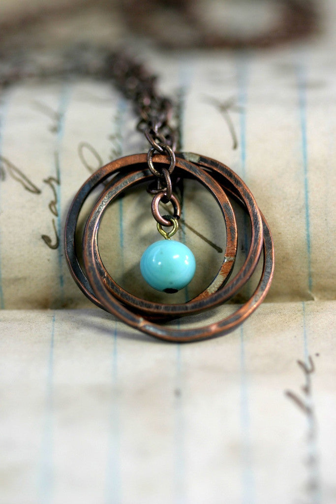 Vintage Blue Bead Copper Trinity Ring Necklace S0182