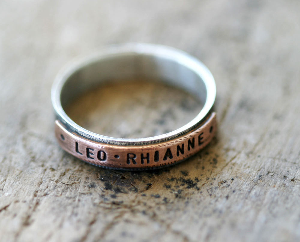 Mixed metal copper and sterling silver personalized band ring (S0180)
