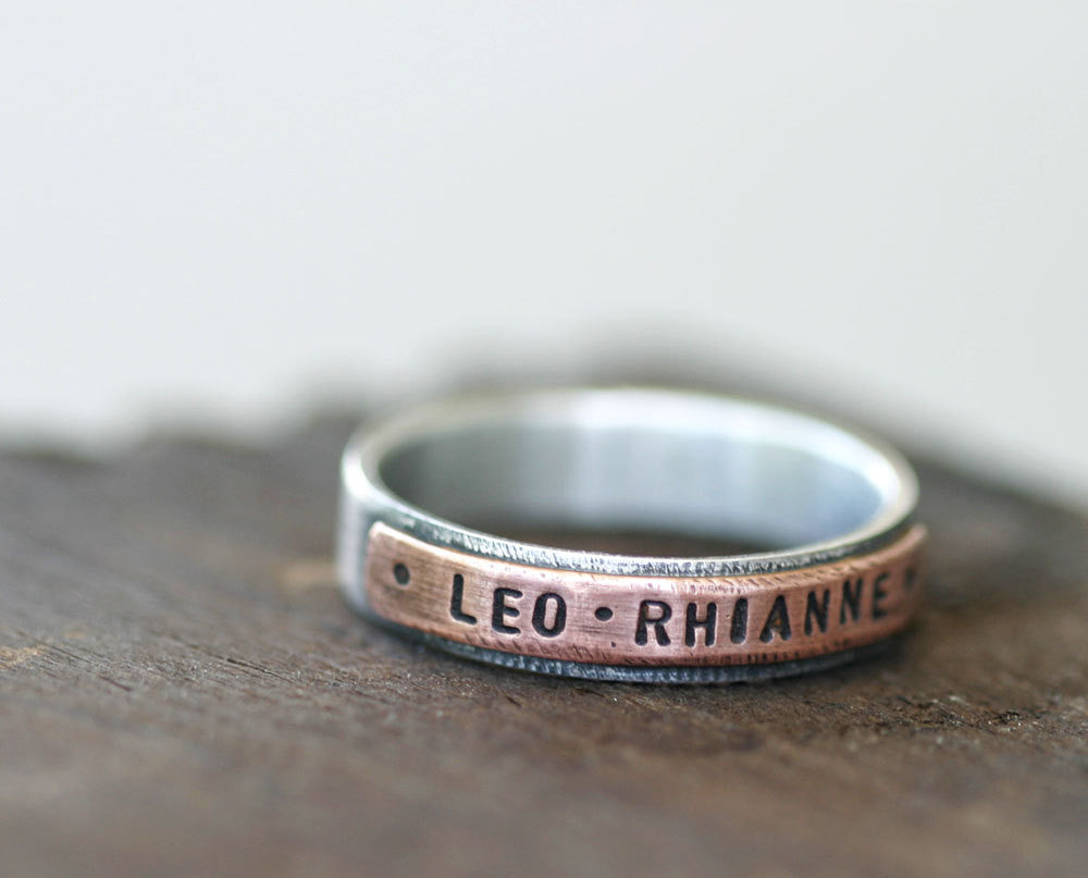 Mixed metal copper and sterling silver personalized band ring (S0180)