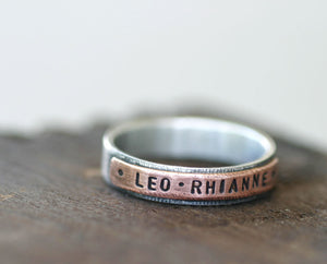 Mixed metal copper and sterling silver personalized band ring (S0180)