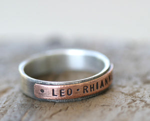 Mixed metal copper and sterling silver personalized band ring (S0180)