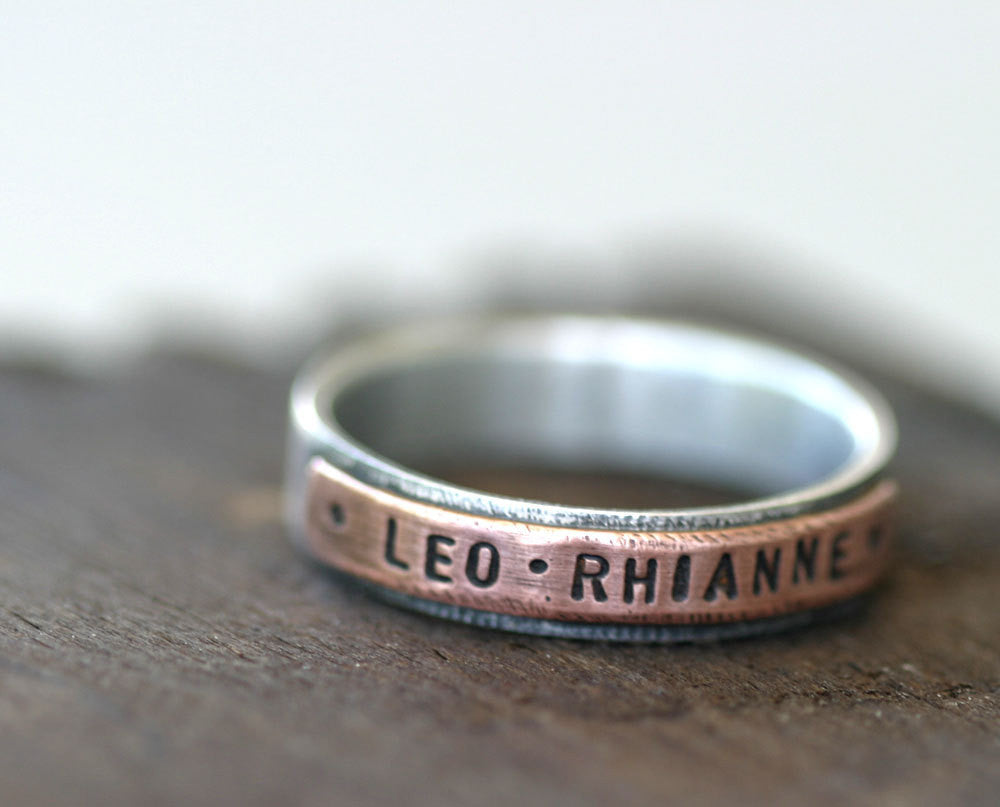 Mixed metal copper and sterling silver personalized band ring (S0180)