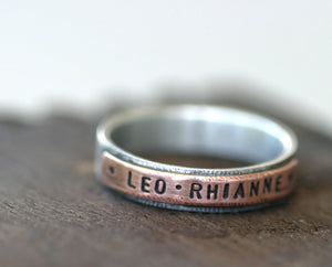 Mixed metal copper and sterling silver personalized band ring (S0180)
