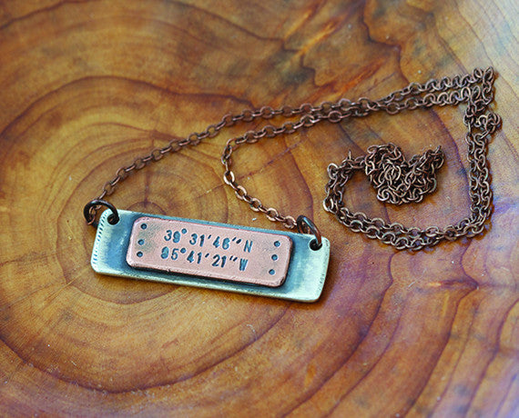 Latitude Longitude Mixed Metal Plate Necklace S0484