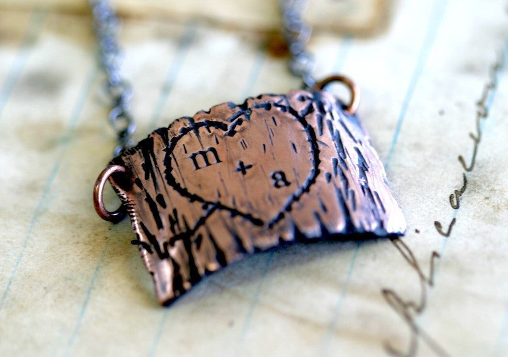 Tree Bark Lovers Carving Copper Necklace (S0263)