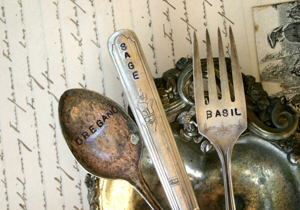 Vintage Silverware Garden Marker - Basil, Sage, Oregano - Fork, Knife, Spoon Set