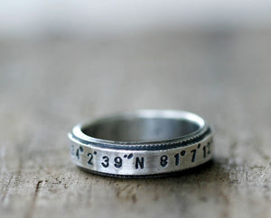 Custom Latitude Longitude sterling silver ring (S0208)