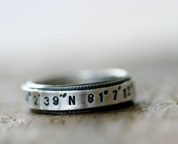 Custom Latitude Longitude sterling silver ring (S0208