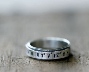 Custom Latitude Longitude sterling silver ring (S0208)